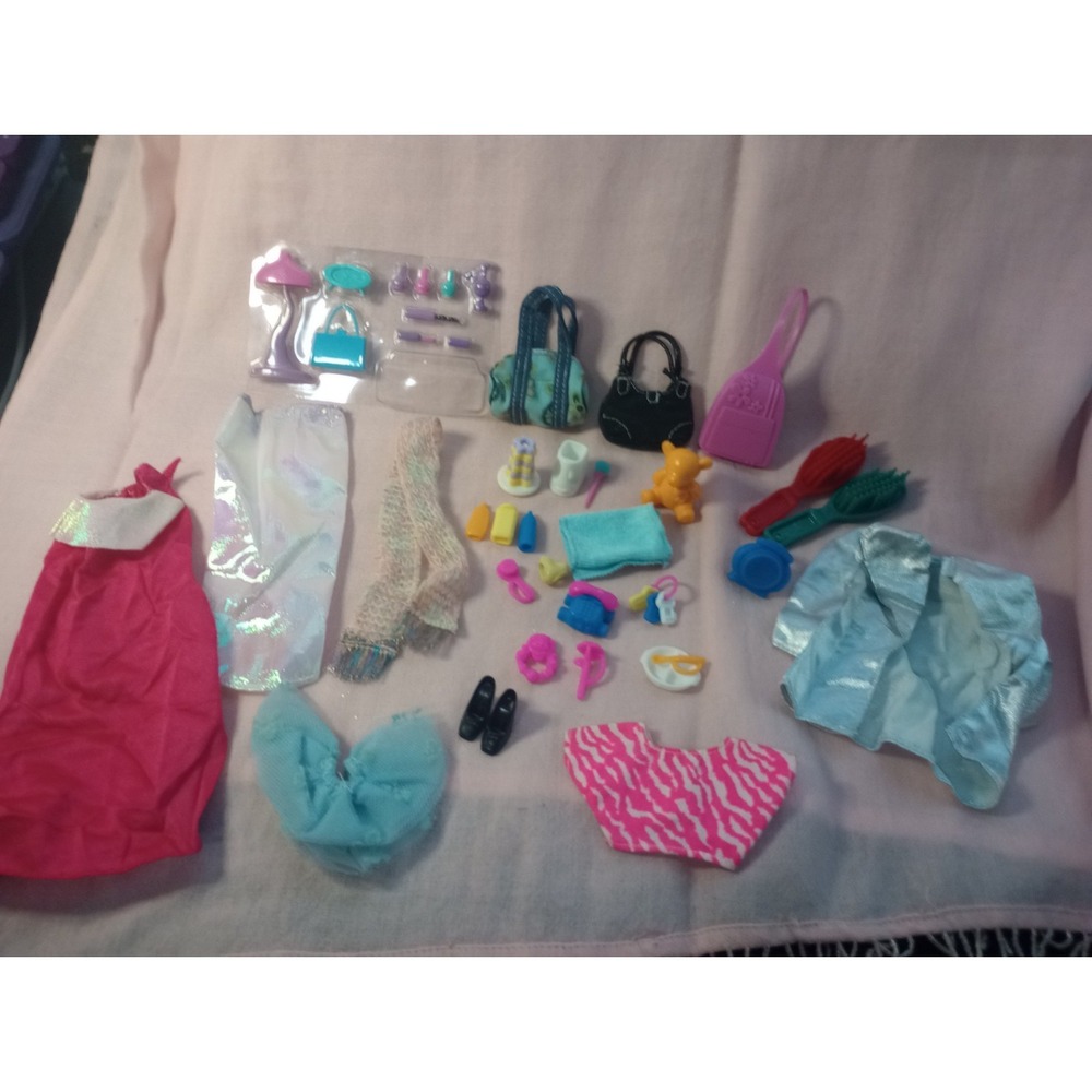 Barbie Doll Clothing & Accessories Lot Purses Shoes Towels Teddy Bear Vanity...